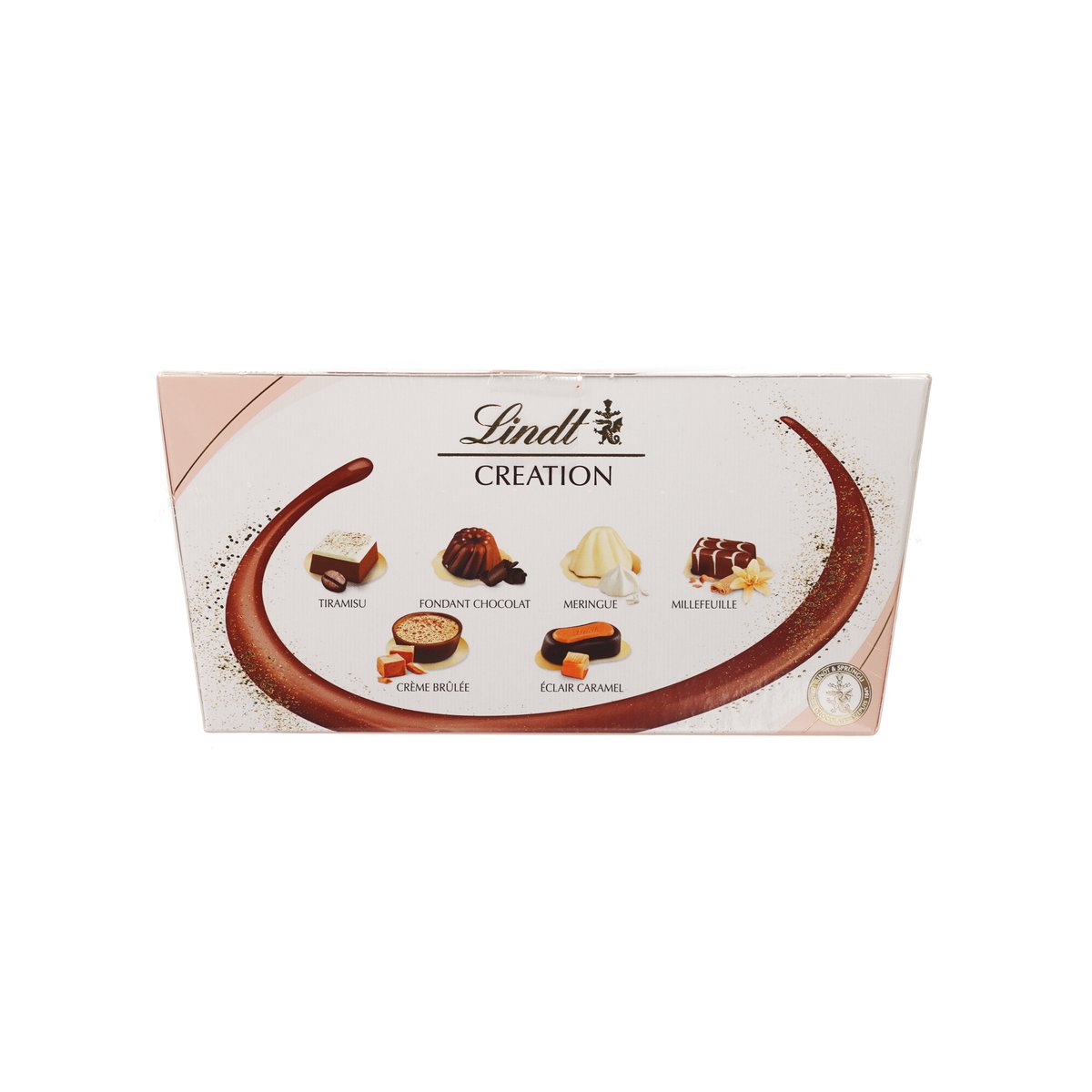 Lindt Creation assorted chocolate gift box, front view with variety illustrations