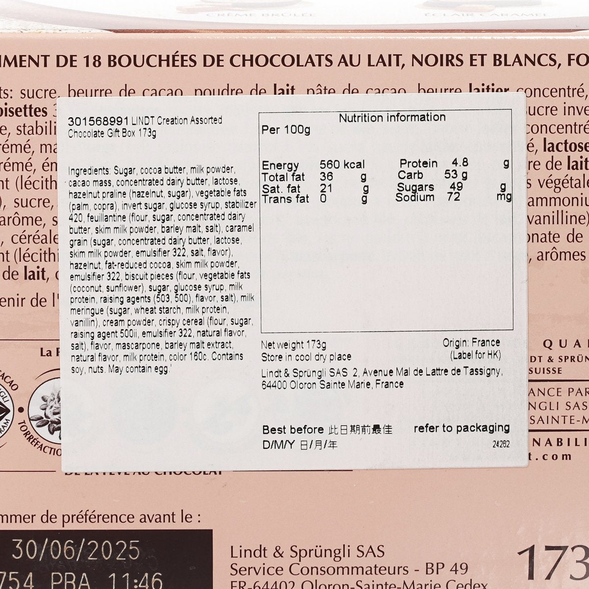 Assorted chocolate gift box nutrition panel with product details