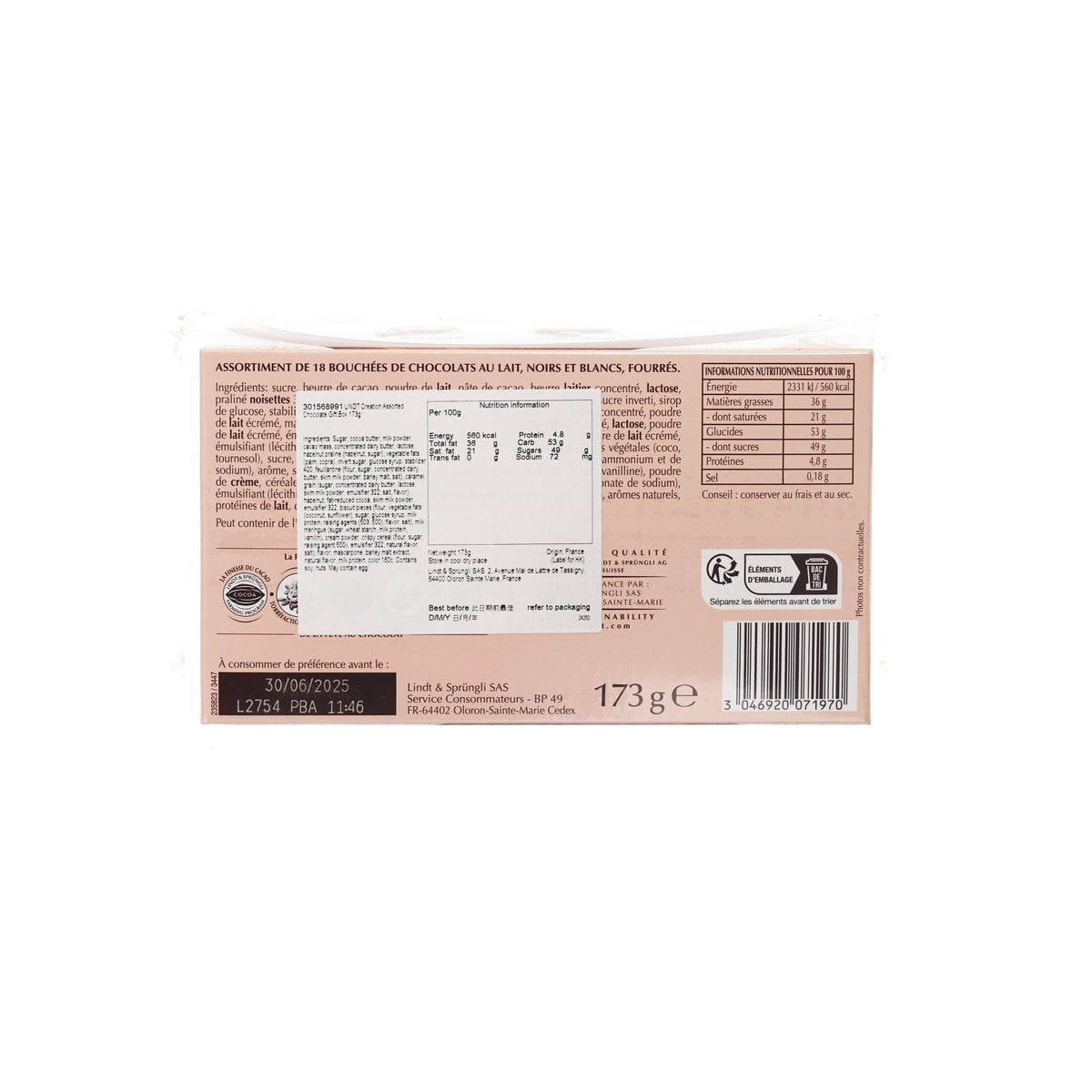 Assorted chocolate gift box back panel with barcode and ingredient information
