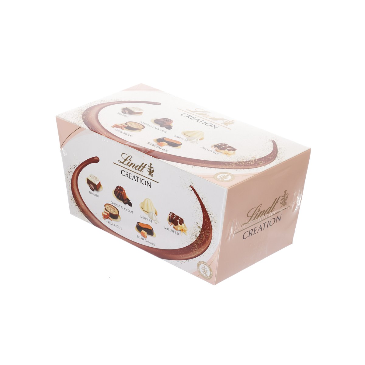 Lindt Creation assorted chocolate gift box, angled view with wrap graphics