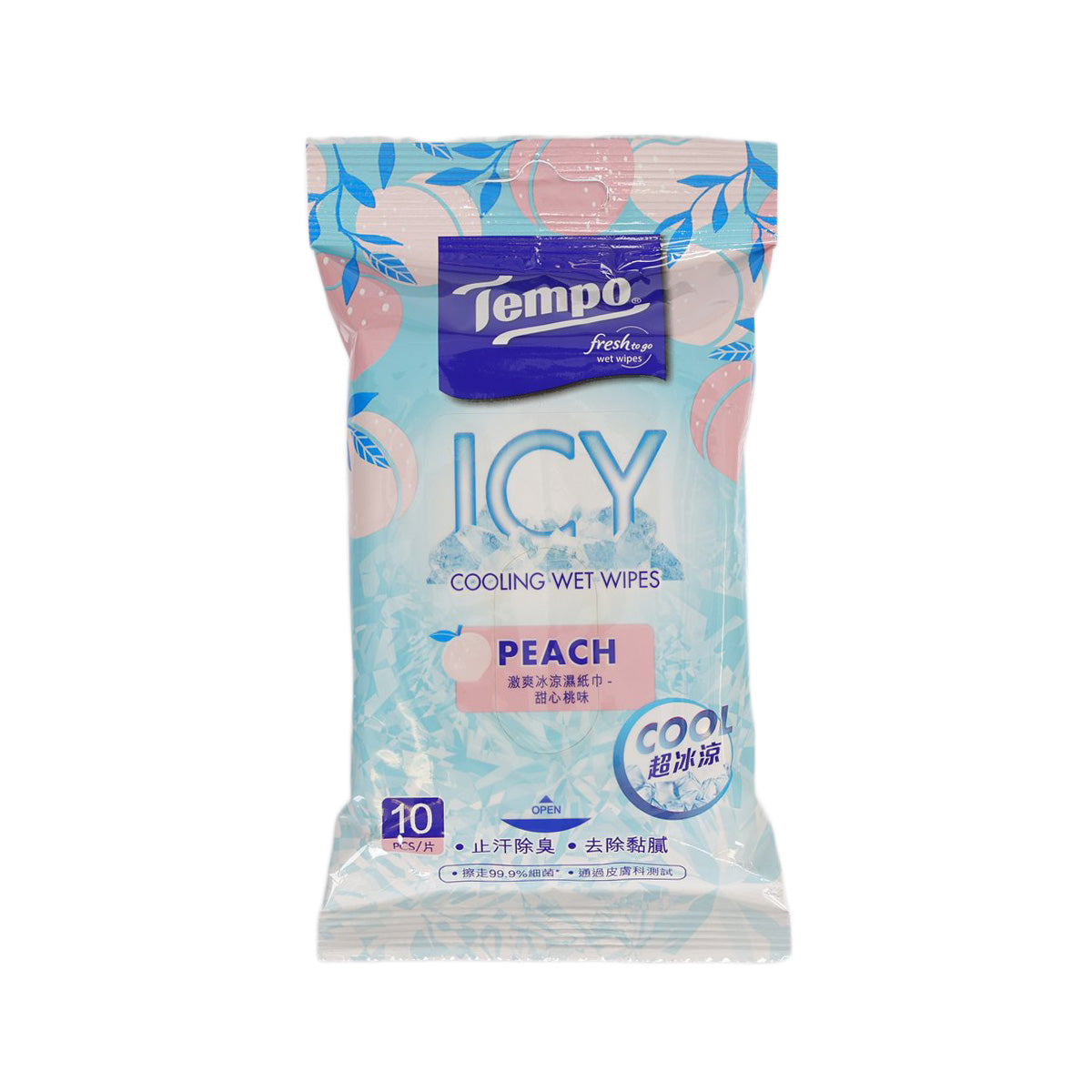 TEMPO cooling wet wipes pouch, peach scent, 10 wipes