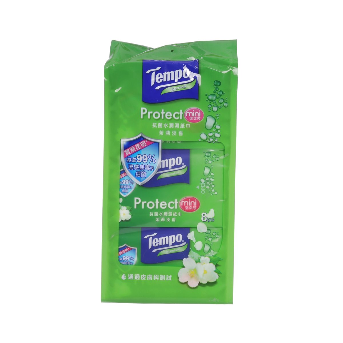TEMPO Protect mini wet wipes, green pack, jasmine-scented, 8x6