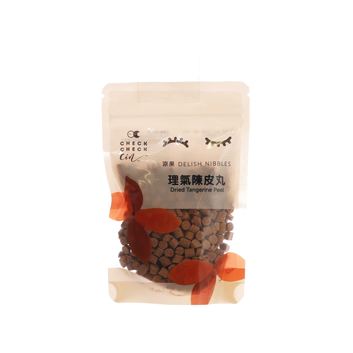Dried tangerine peel snack pouch with brown peel slices and orange accents