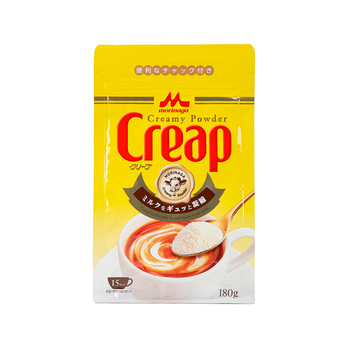MORINAGA Creap Creamy Powder pouch, yellow bag with Creamy Powder and Creat logo, 180g