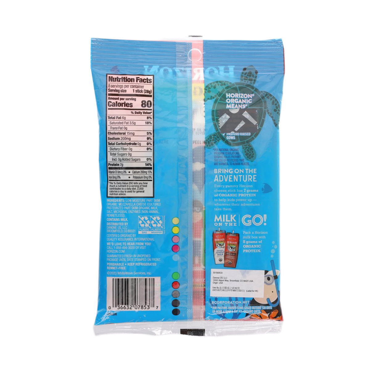 Organic string cheese sticks pouch, blue back with nutrition and branding