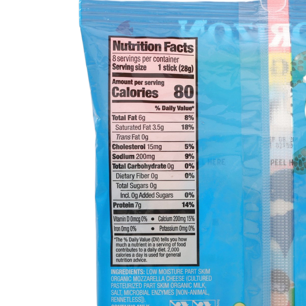 Nutrition Facts panel on organic string cheese sticks pouch, calories 80