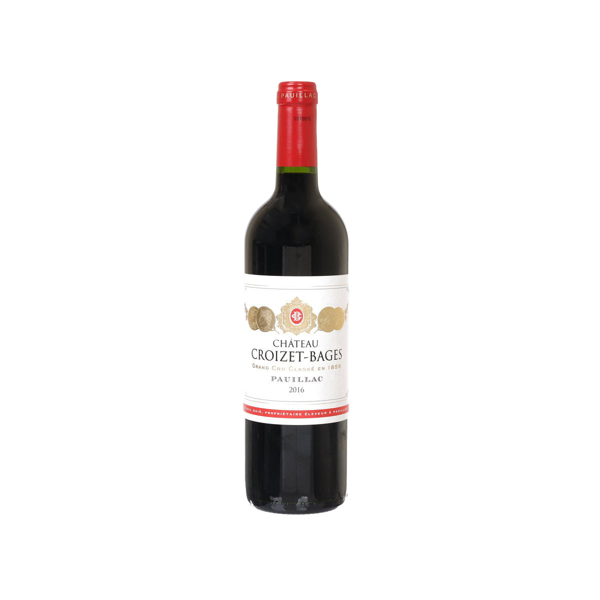 Bordeaux wine bottle with red foil, dark glass, and front label