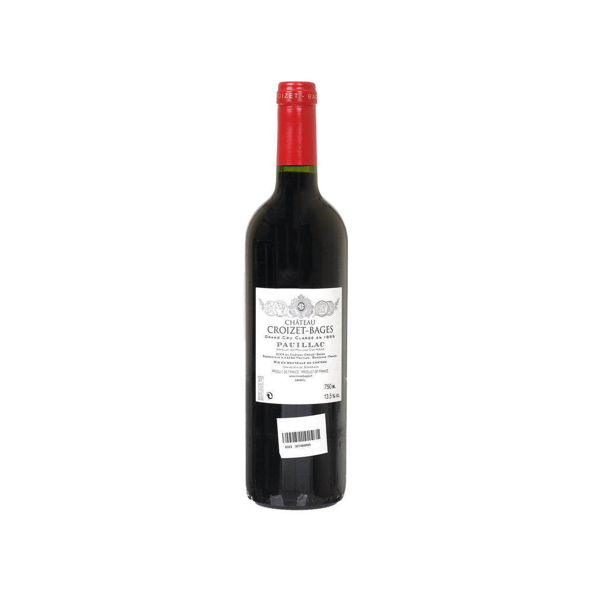 Bordeaux wine bottle with red foil, dark glass, back label and barcode