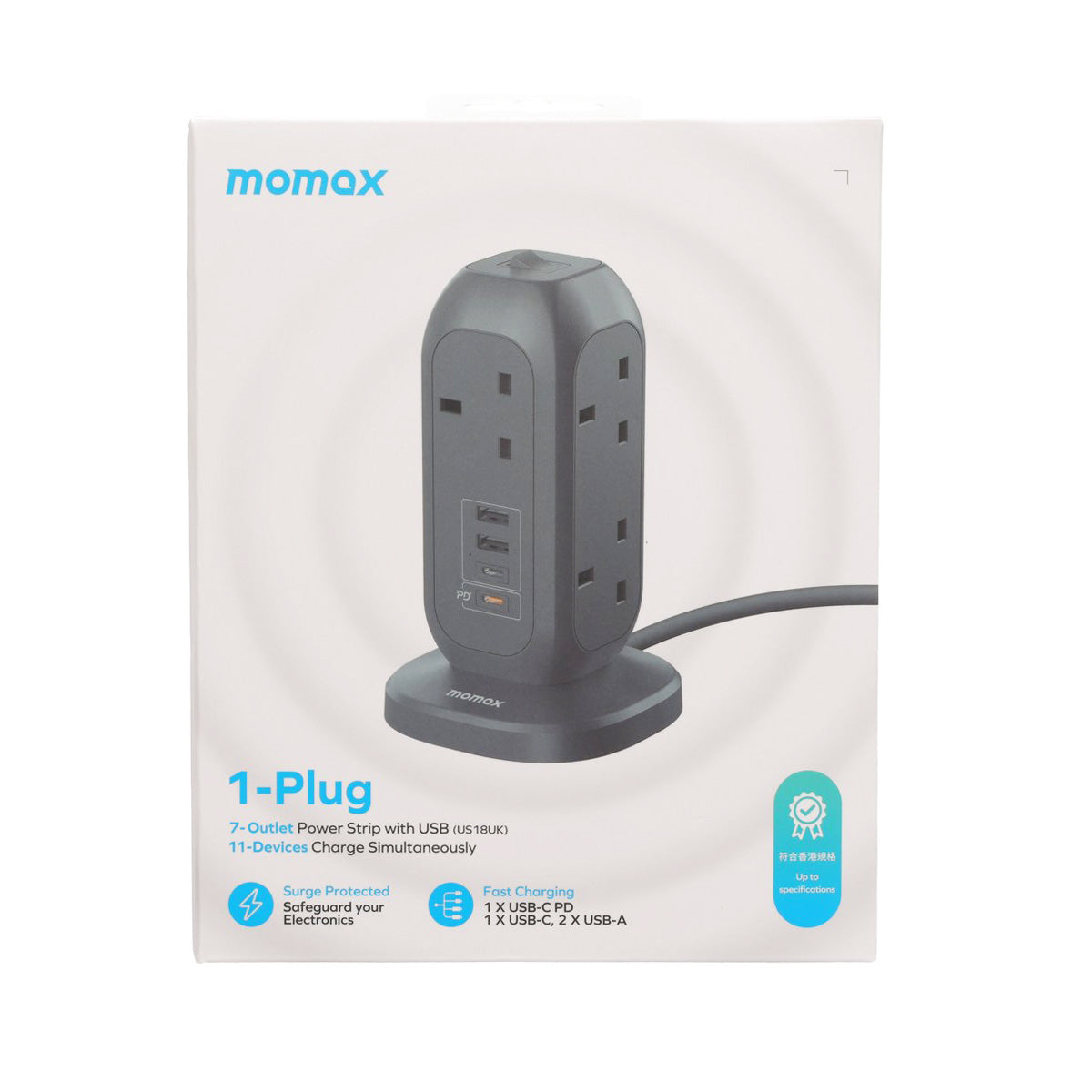 momax Space Grey 7-outlet power strip with USB, 1-plug design on stand