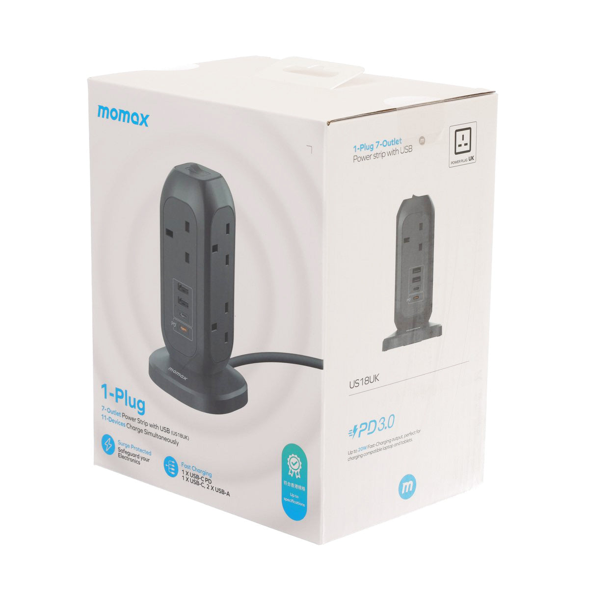 momax Space Grey power strip box showing 7-outlet tower with USB ports