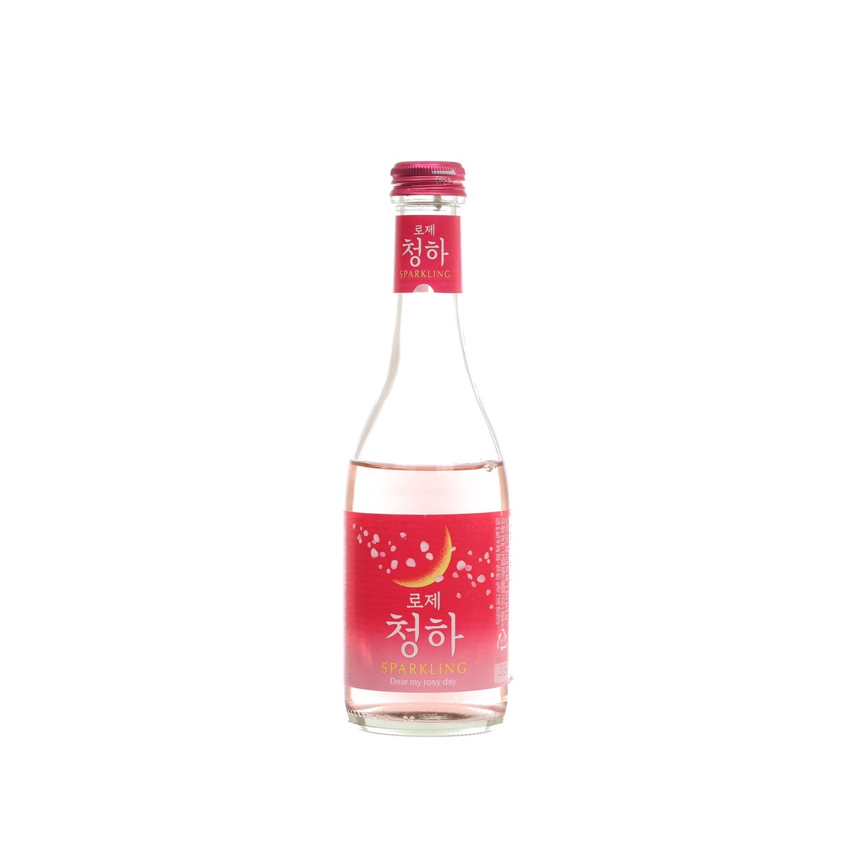 Sparkling rose rice wine bottle with pink-red label and foil cap, 295 mL