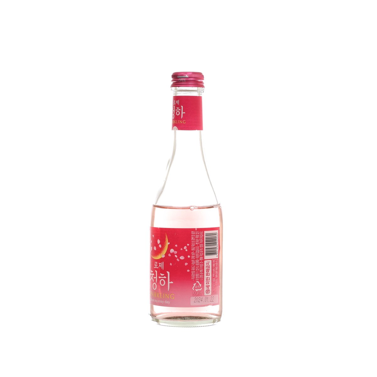 Sparkling rose rice wine bottle, front and side label with barcode, 295 mL