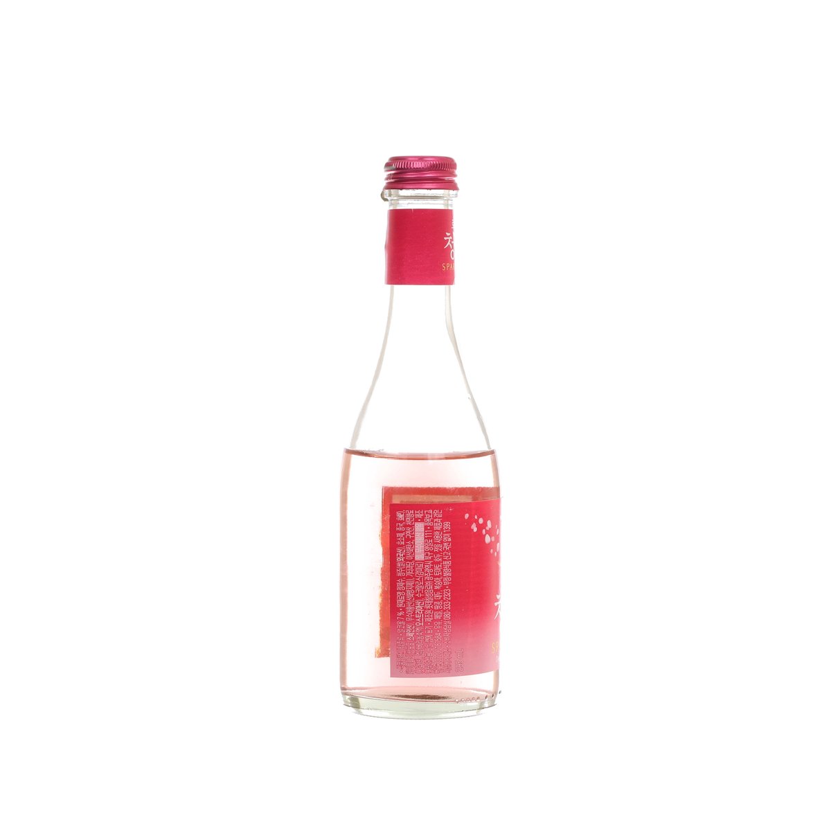 Sparkling rose rice wine bottle with tall pink label panel, foil cap, 295 mL