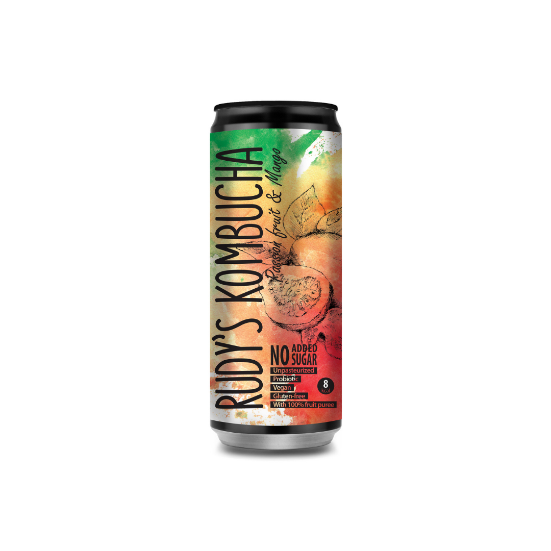 RUDY'S KOMBUCHA Passion Fruit & Mango kombucha can, black rim, colorful fruit label
