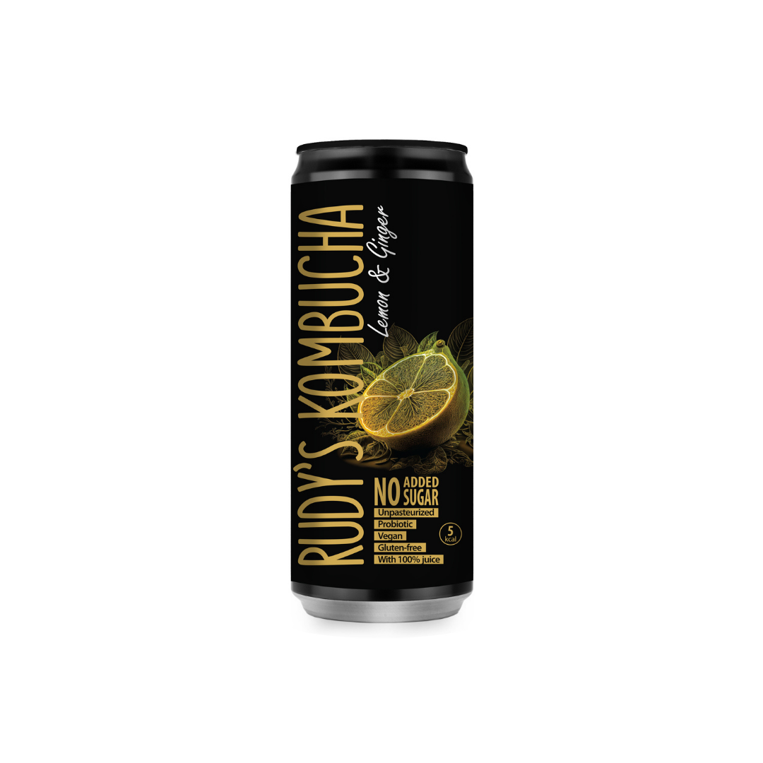 RUDY'S KOMBUCHA Lemon & Ginger kombucha can, black can with citrus and ginger graphics