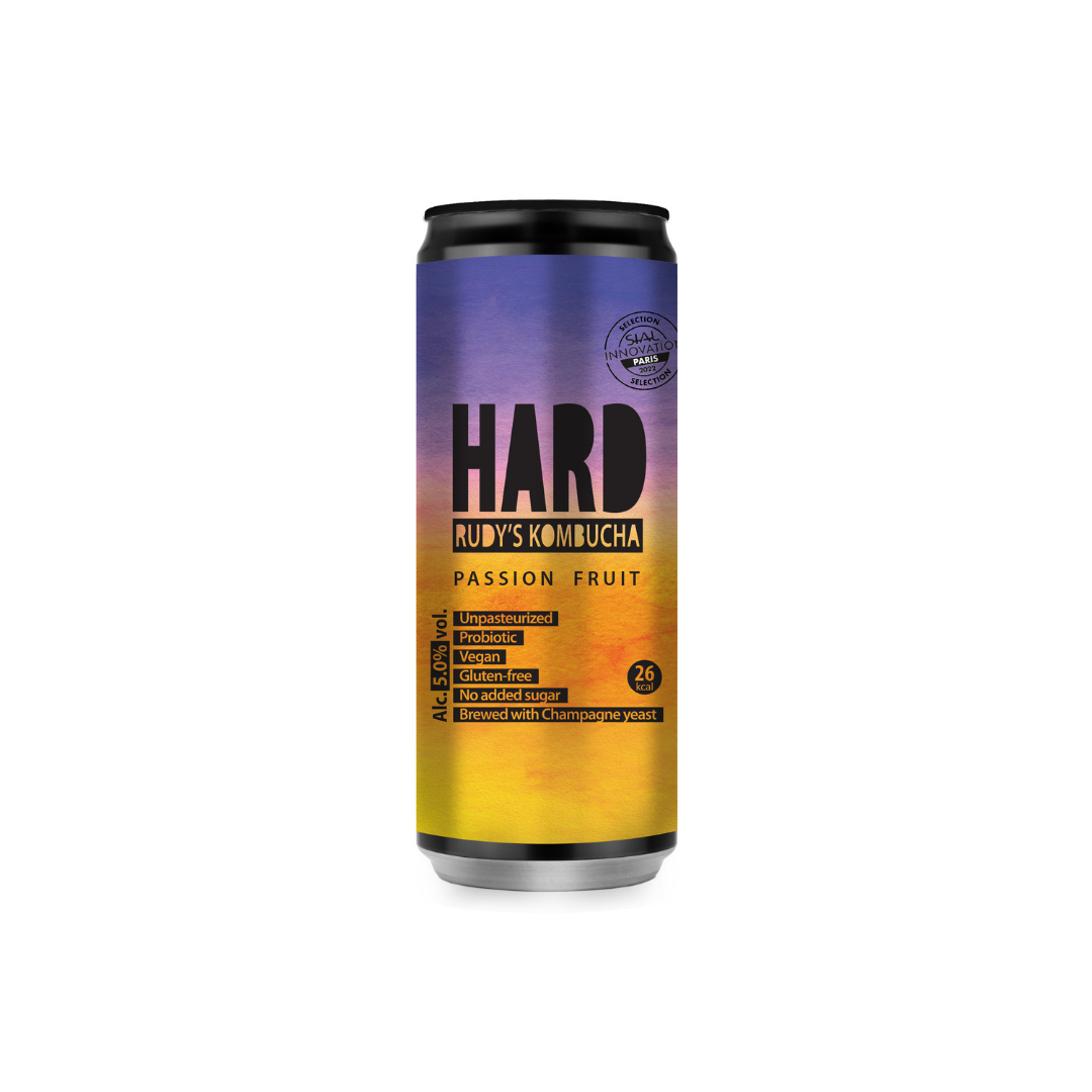 RUDY'S KOMBUCHA Passion Fruit hard kombucha can, purple and yellow label
