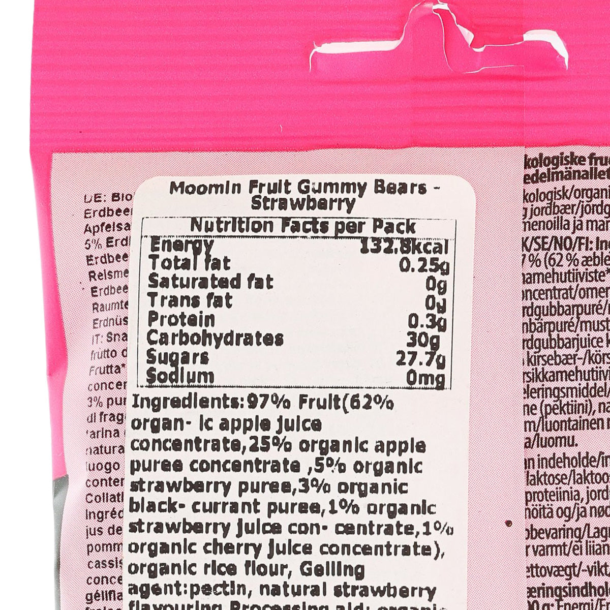 Strawberry gummy bear pouch close-up, nutrition facts and ingredient list