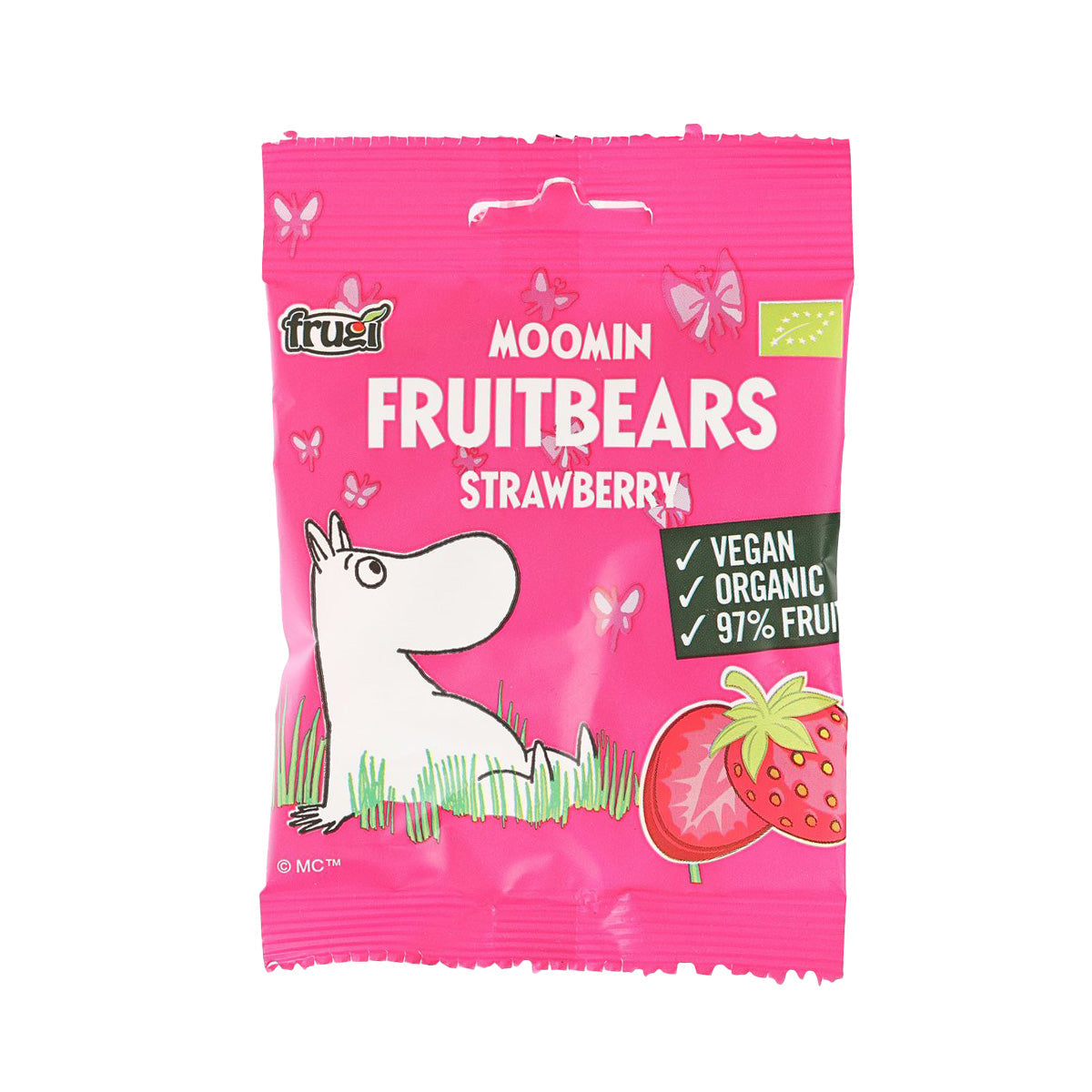 Strawberry fruit gummy bear pouch, pink FRUGI Moomin candy bag front