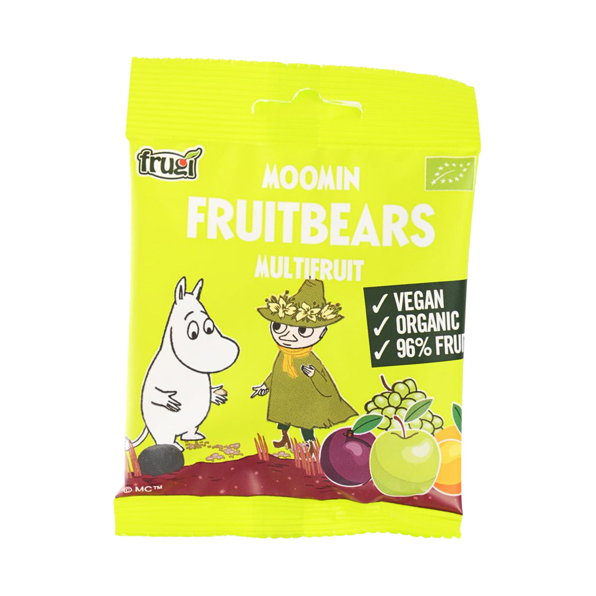 Lime green fruit gummy bears pouch with cartoon character and vegan organic label