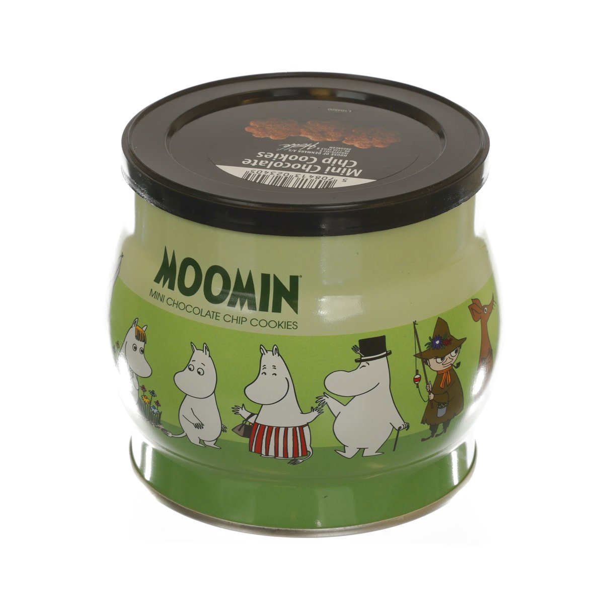 Moomin mini chocolate chip cookies tin lid and green character artwork