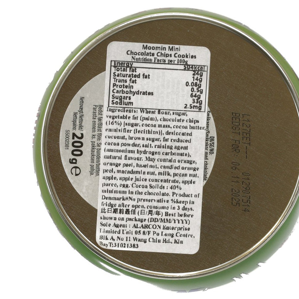 Moomin mini chocolate chip cookies tin top with nutrition facts label