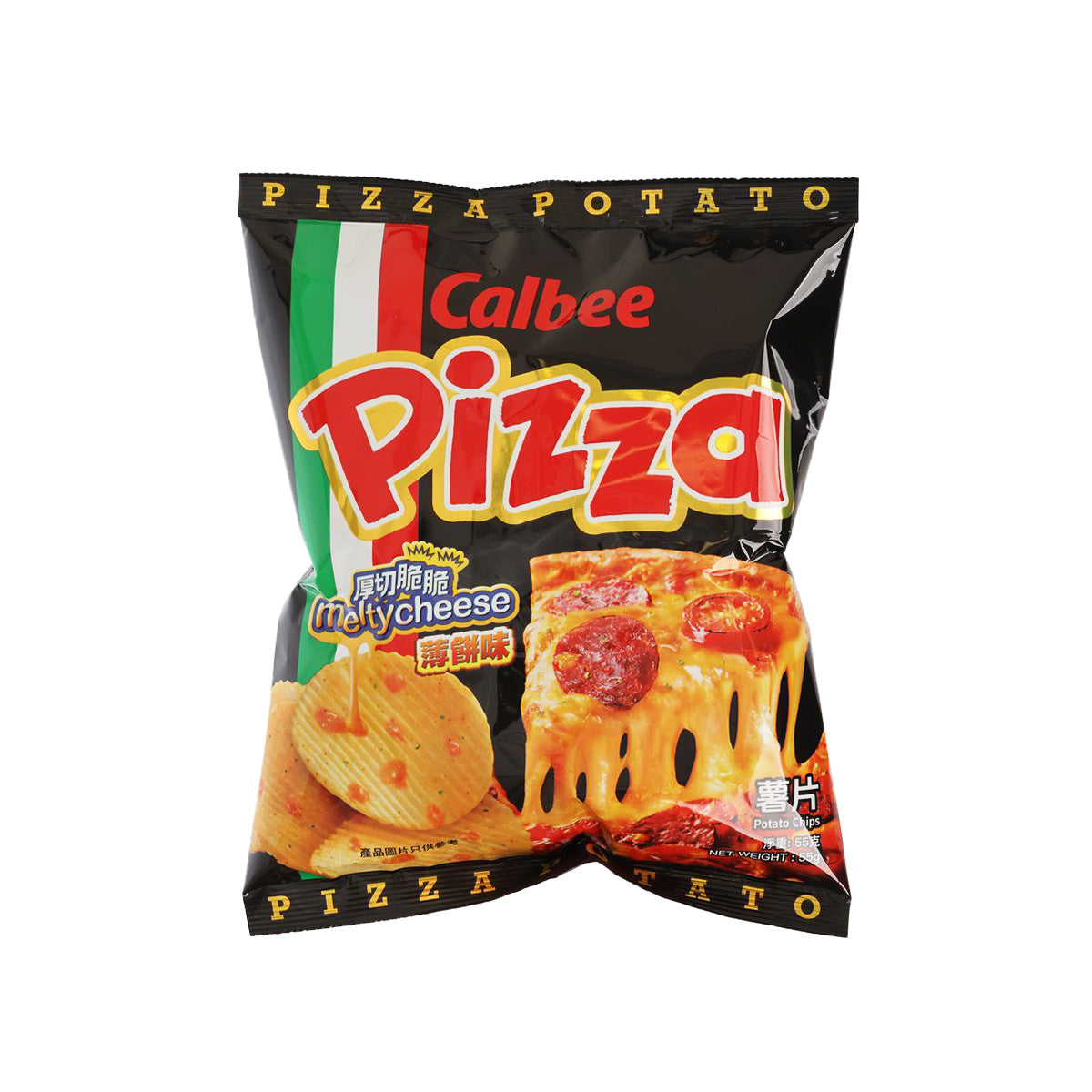 Calbee pizza-flavored potato chips bag, black/red with pizza and cheese graphics