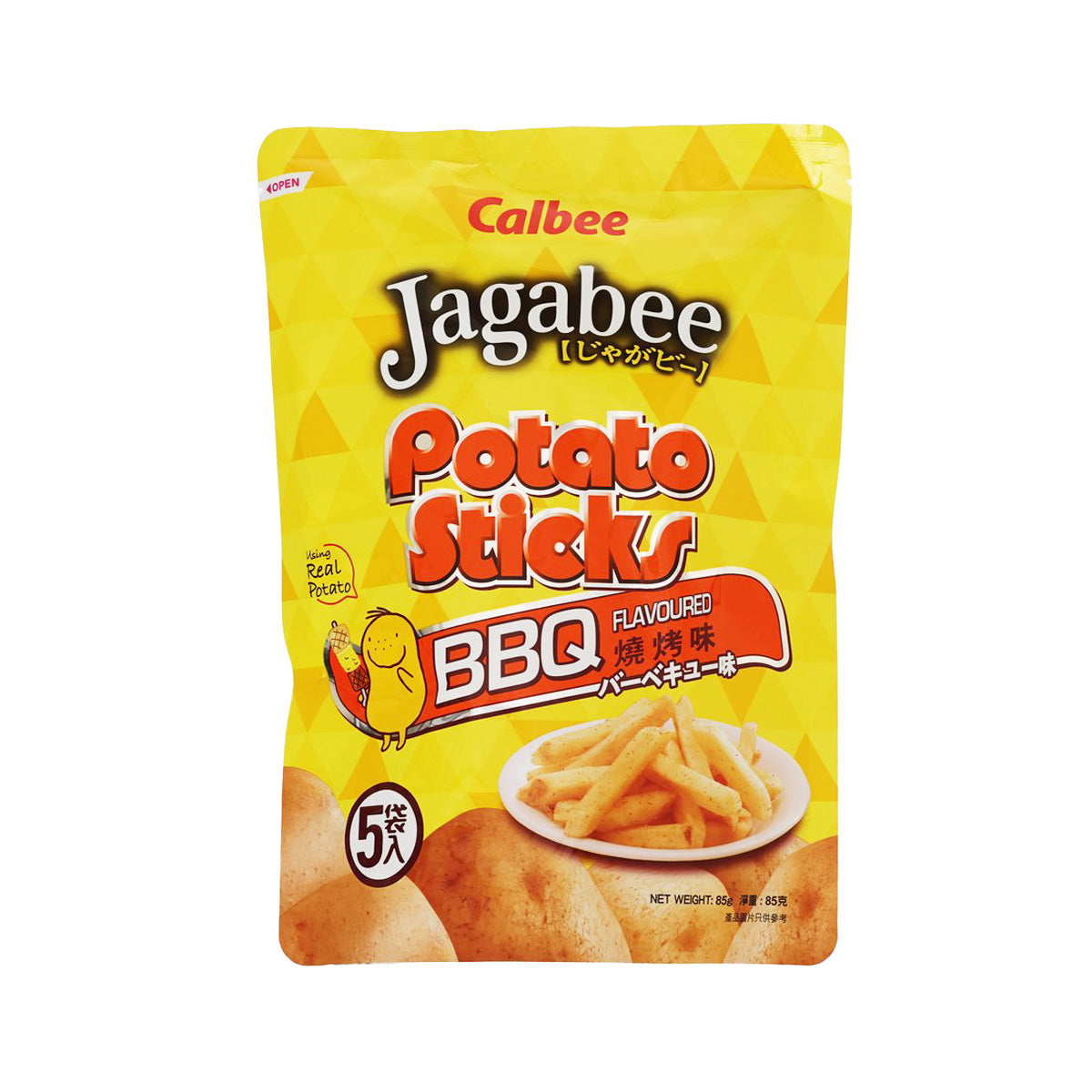 Yellow standing pouch of BBQ-flavoured potato sticks, 85g, front with branding