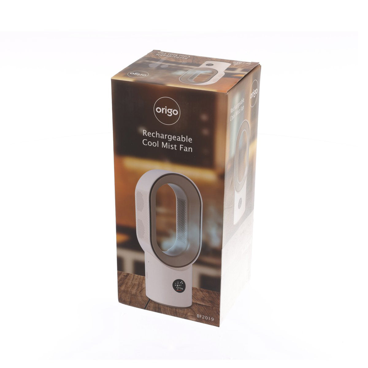ORIGO rechargeable cool mist fan retail box with side view fan illustration