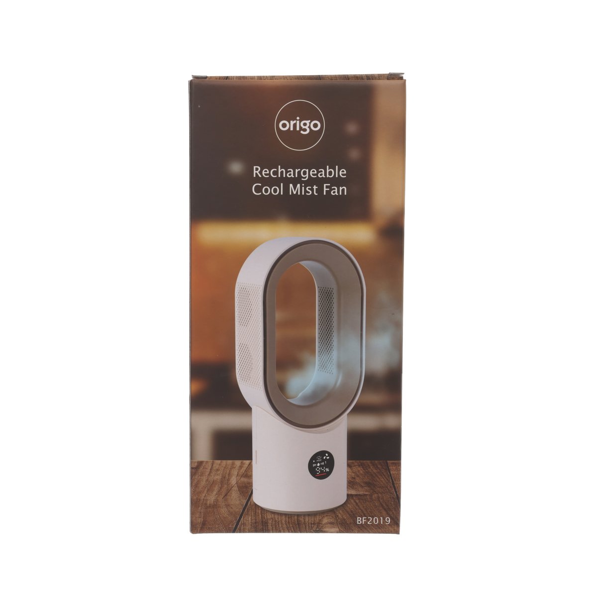ORIGO rechargeable cool mist fan retail box with front fan illustration