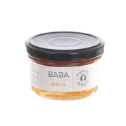 Rum babas jar with dark lid, clear body, label with BABA and RHUM