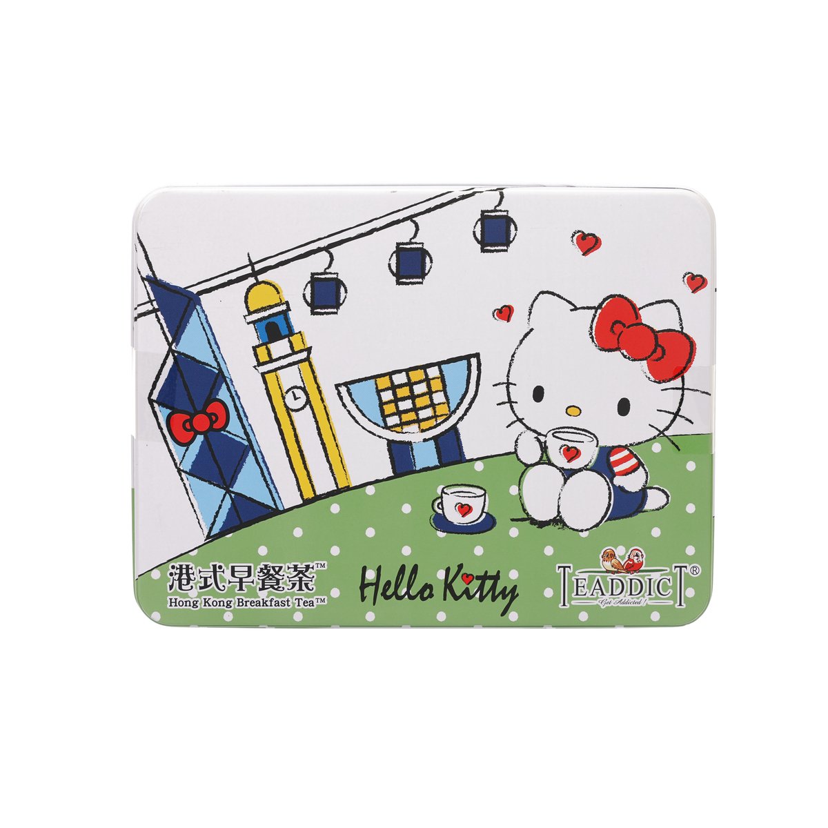 Rectangular tea tin with Hello Kitty illustration, green and white city scene print