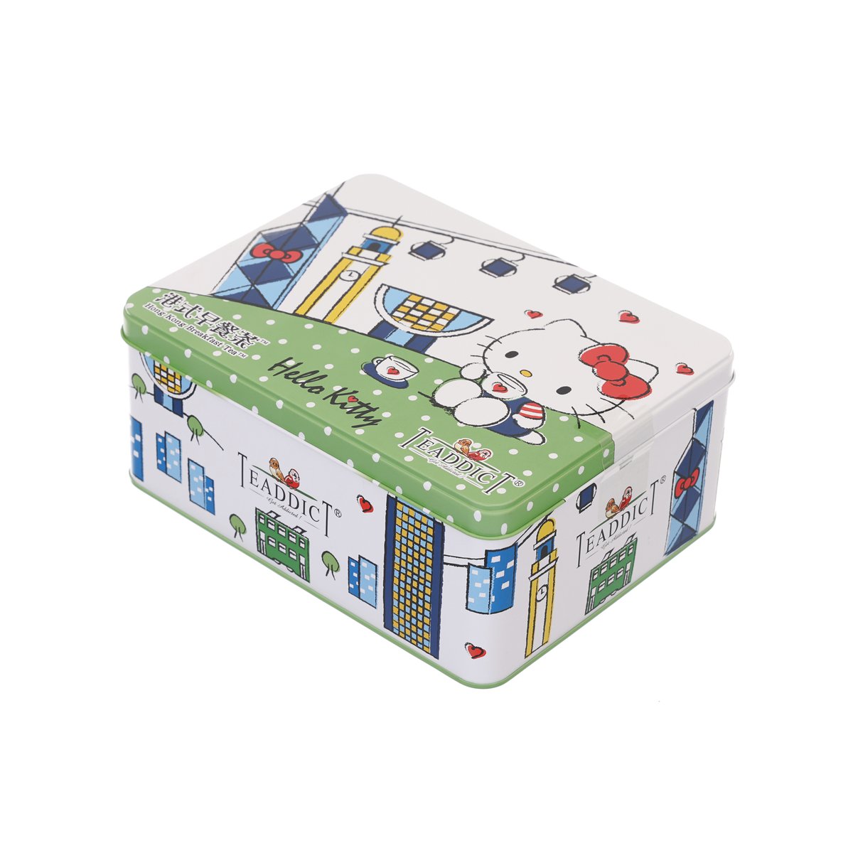 Rectangular tea tin with Hello Kitty and city storefront artwork, green top and sides