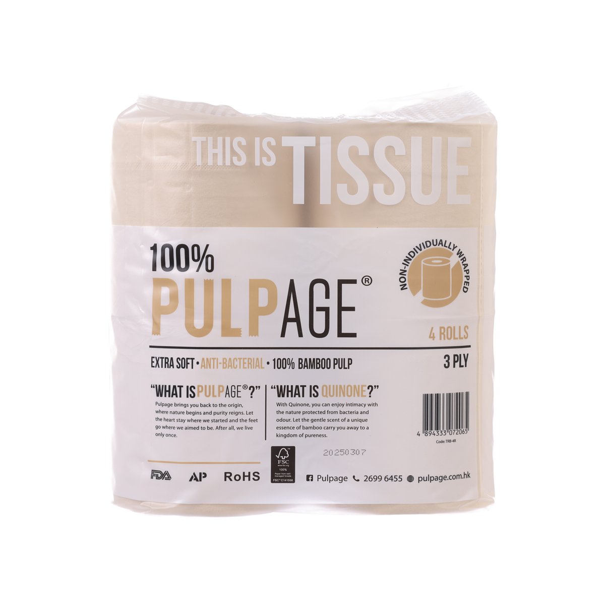 PULPAGE bamboo 3-ply roll tissue pack, 4 rolls, individually wrapped