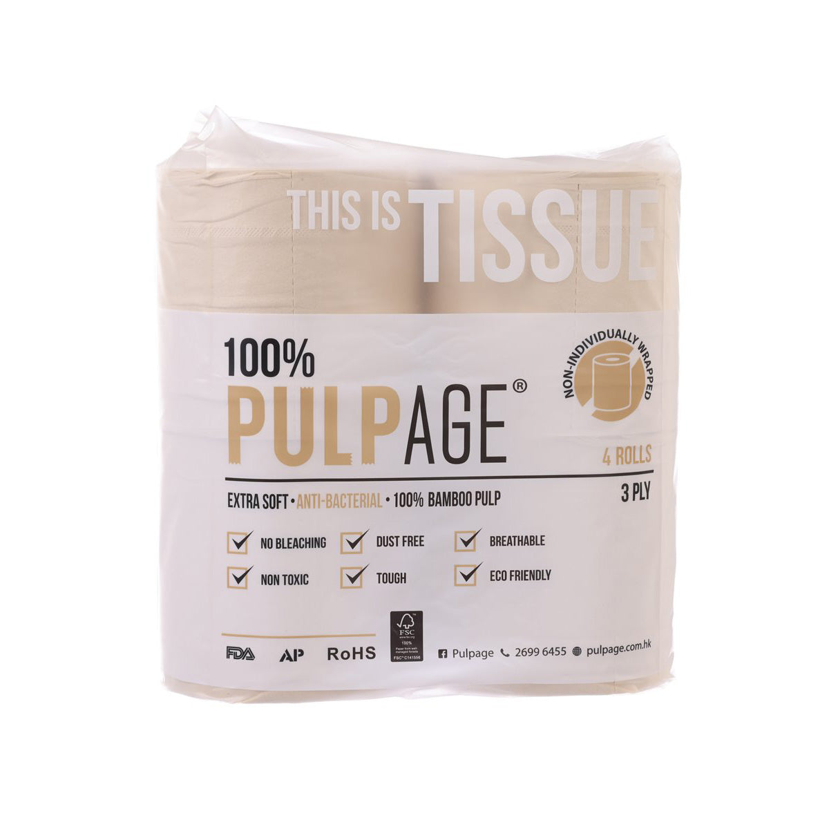Bamboo 3-ply roll tissue pack with 4 rolls, extra soft, anti-bacterial