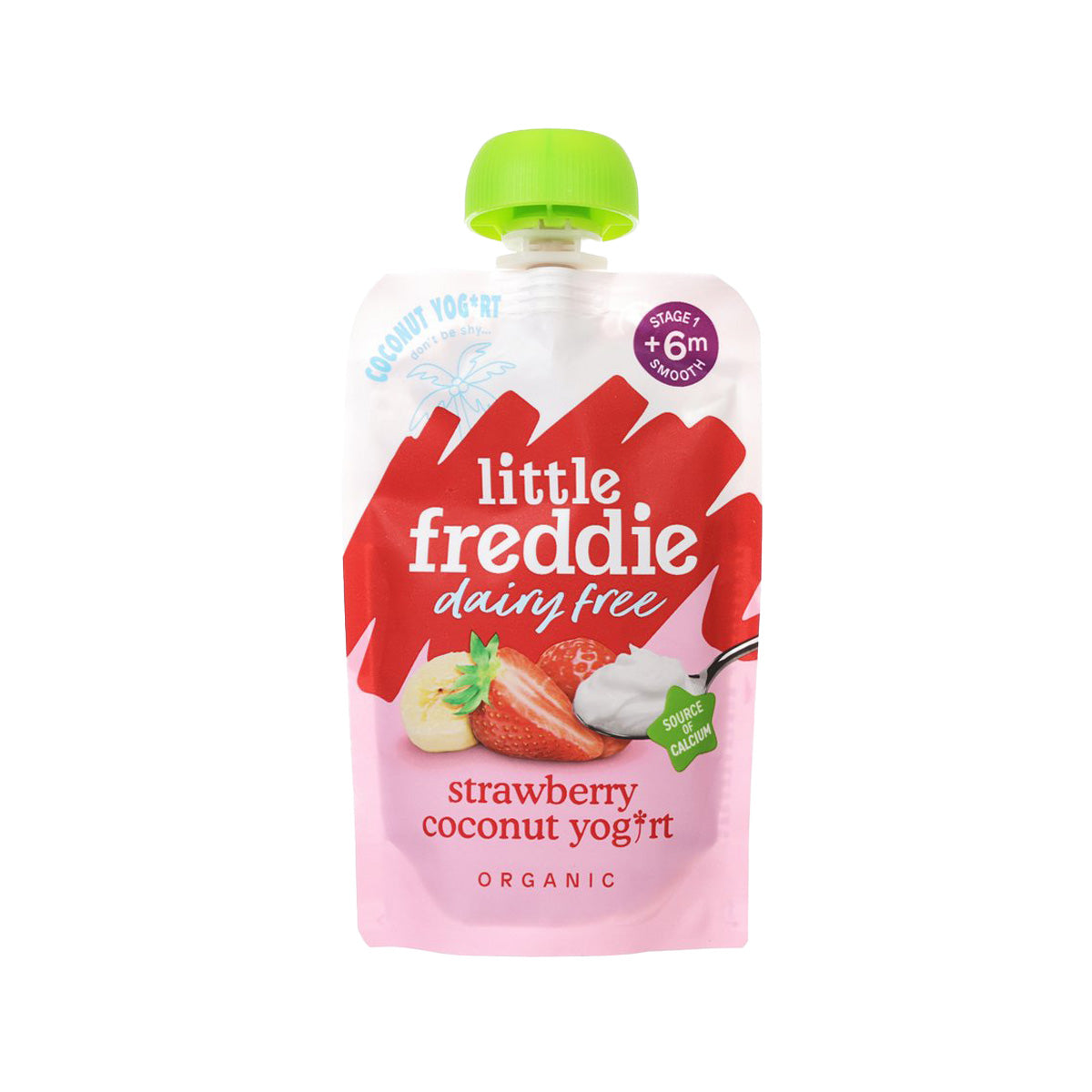 Organic strawberry coconut dairy-free yogurt pouch with green flip-top lid