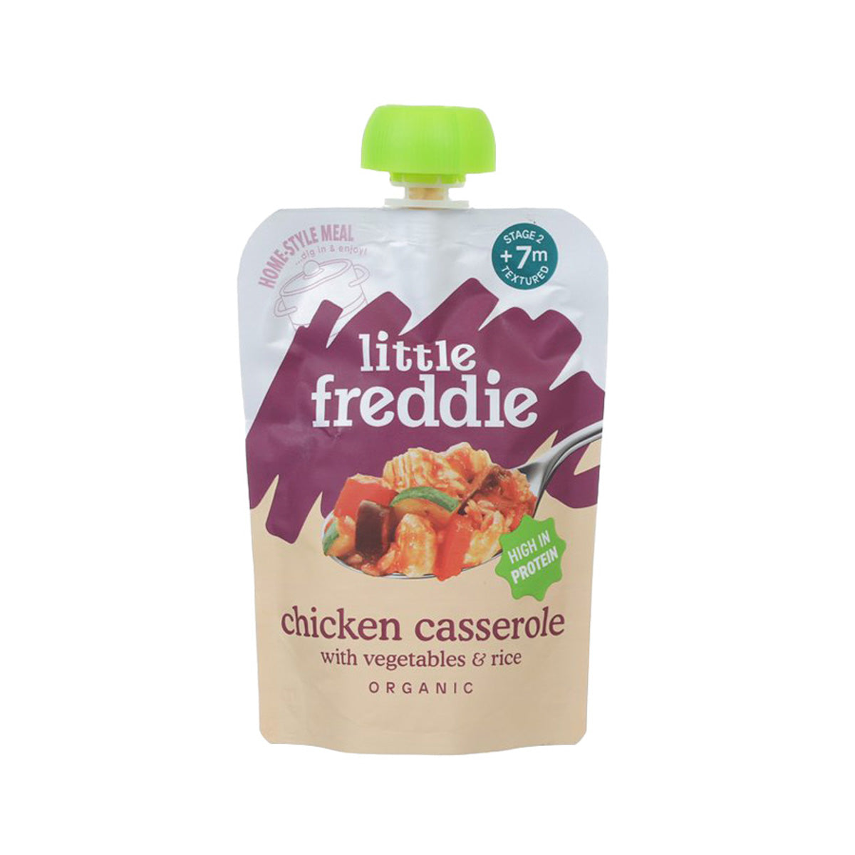 Little Freddie organic chicken casserole pouch with vegetables and rice, front view