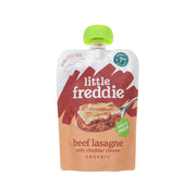 Organic beef lasagne with cheddar cheese pouch, green cap, front label