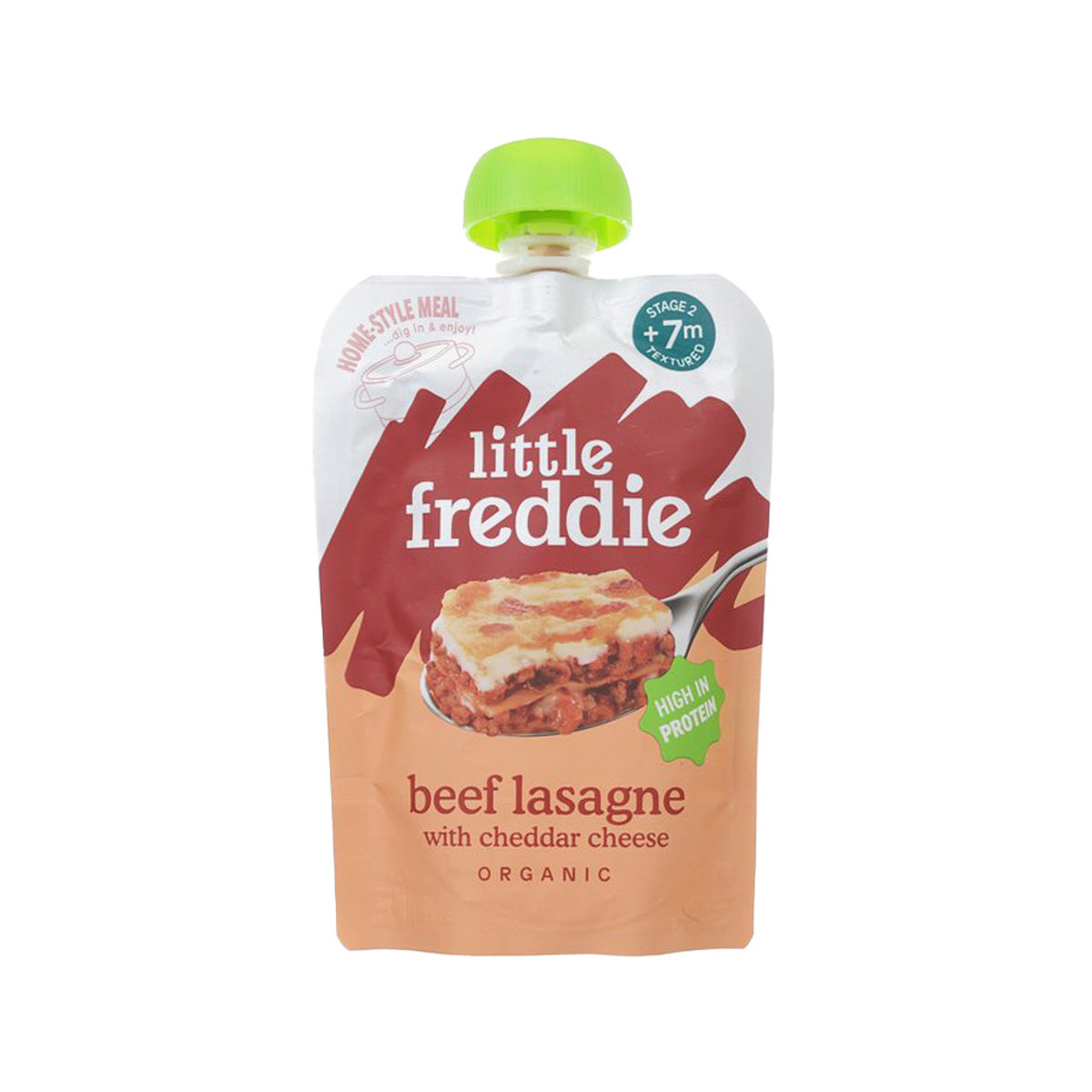 Organic beef lasagne with cheddar cheese pouch, green cap, front label