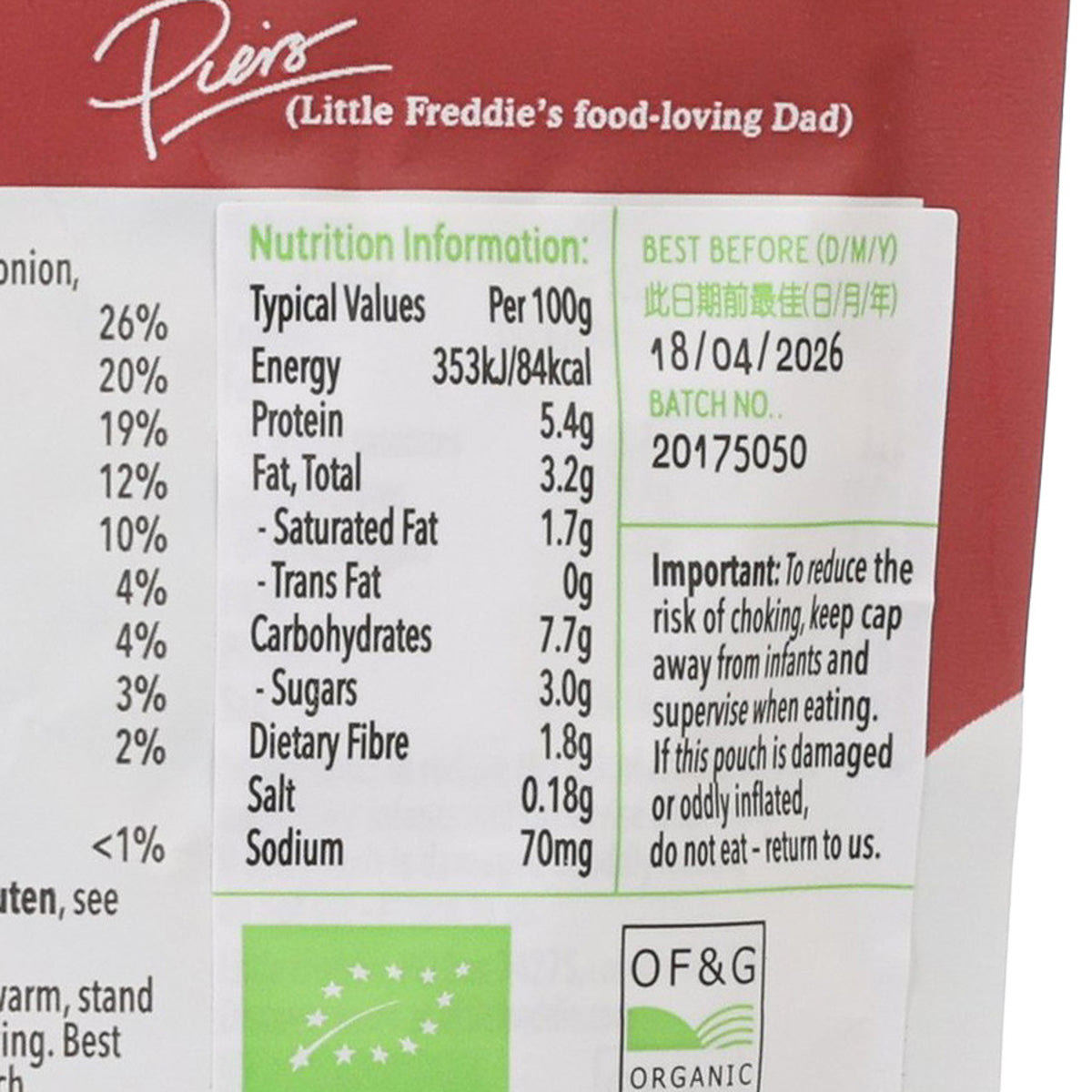 Nutrition facts panel on organic beef lasagne pouch, best-before and batch info