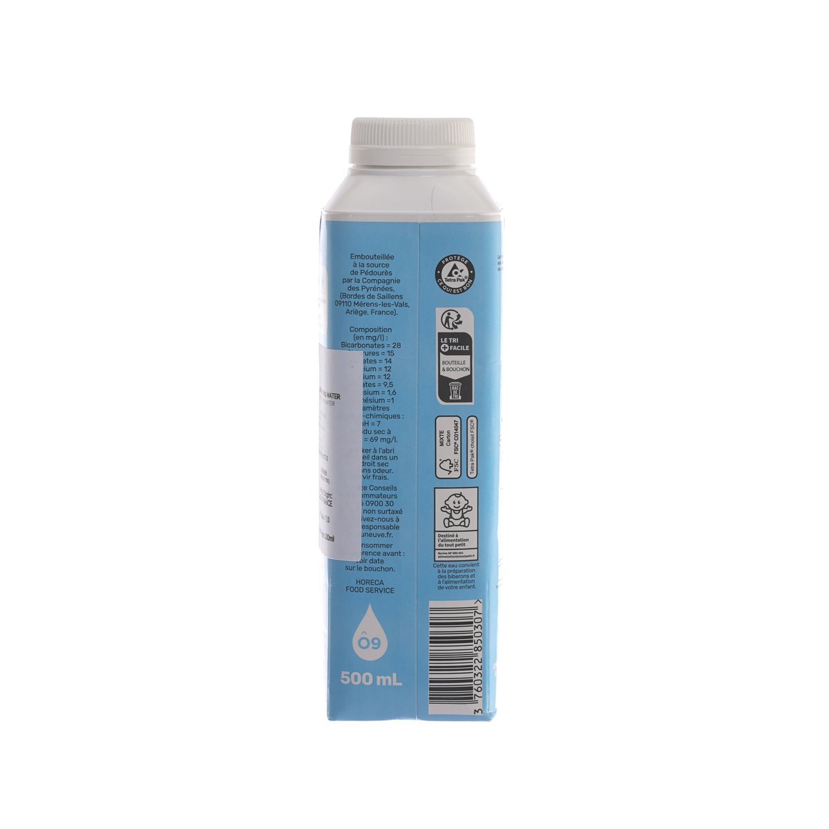 L'EAU NEUVE natural mineral spring water tetra pak bottle, 500 mL, back label