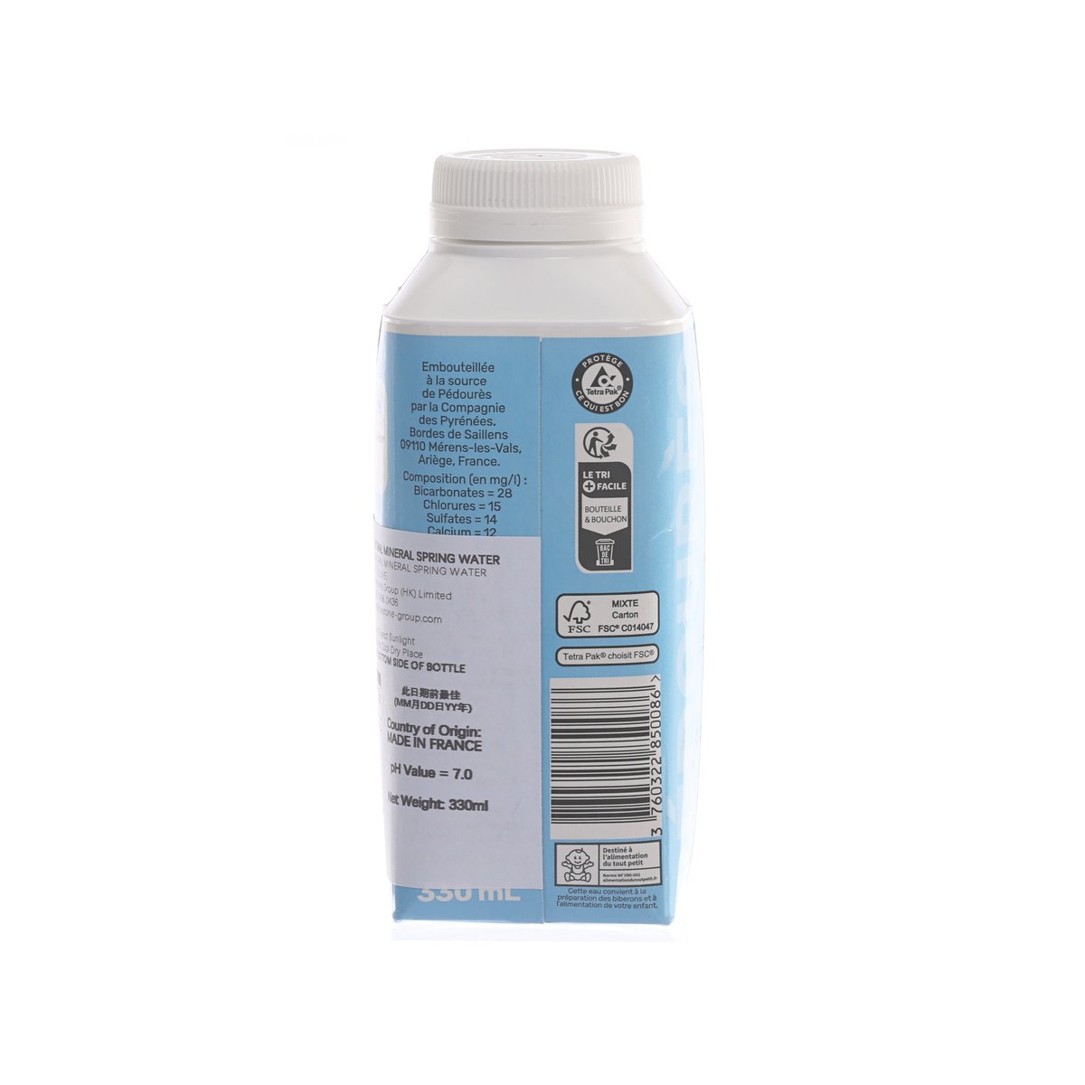 L'EAU NEUVE natural mineral water tetra pak bottle, back label, 330 mL