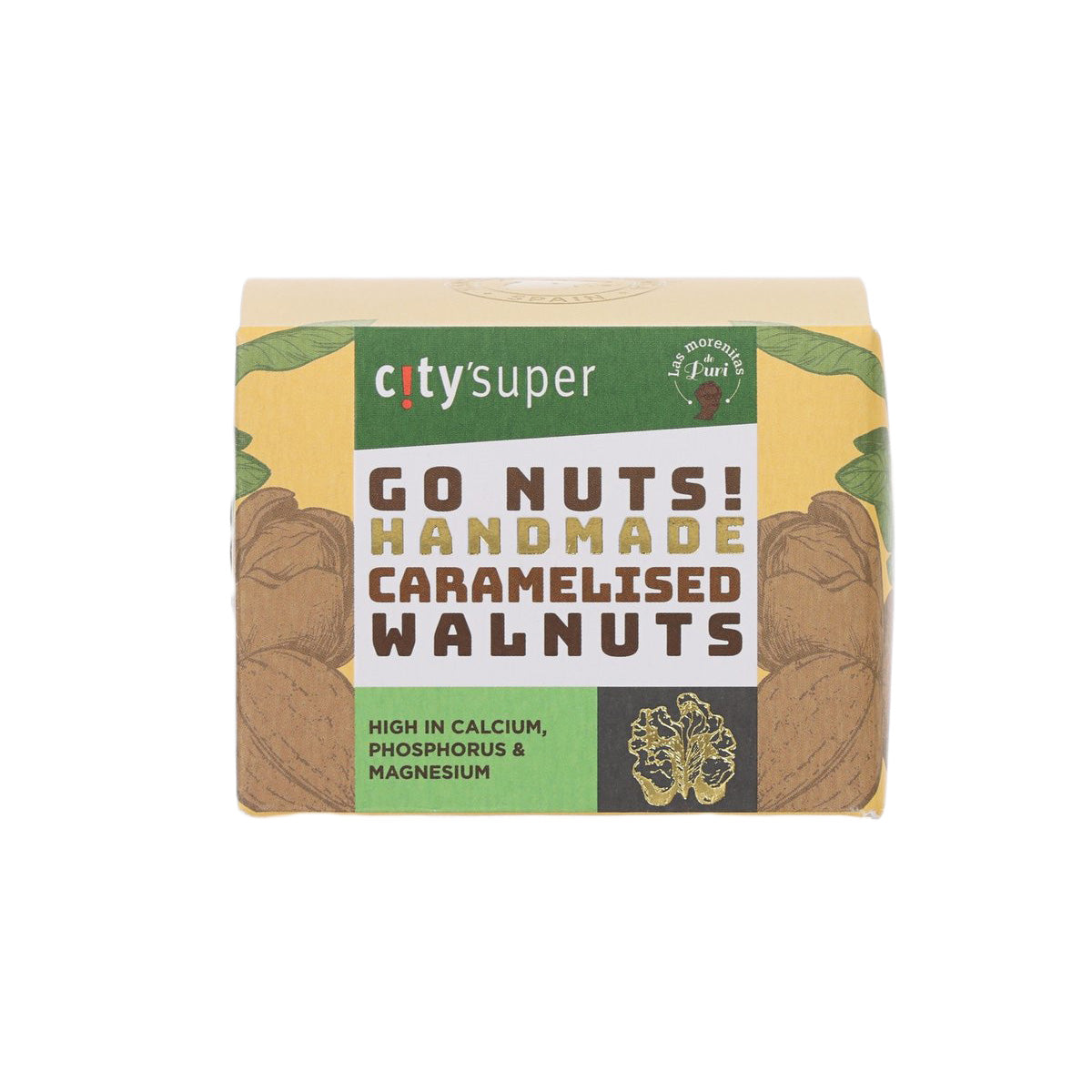 CITYSUPER caramelised walnuts 50 g carton, front panel with Go Nuts text