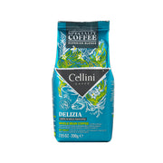 CELLINI Delizia whole bean coffee bag, 200g, teal front with logo and label