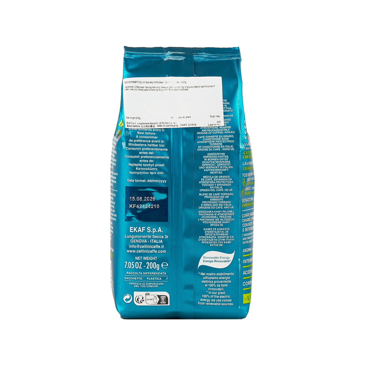 CELLINI Delizia whole bean coffee bag, 200g, teal back with nutrition text