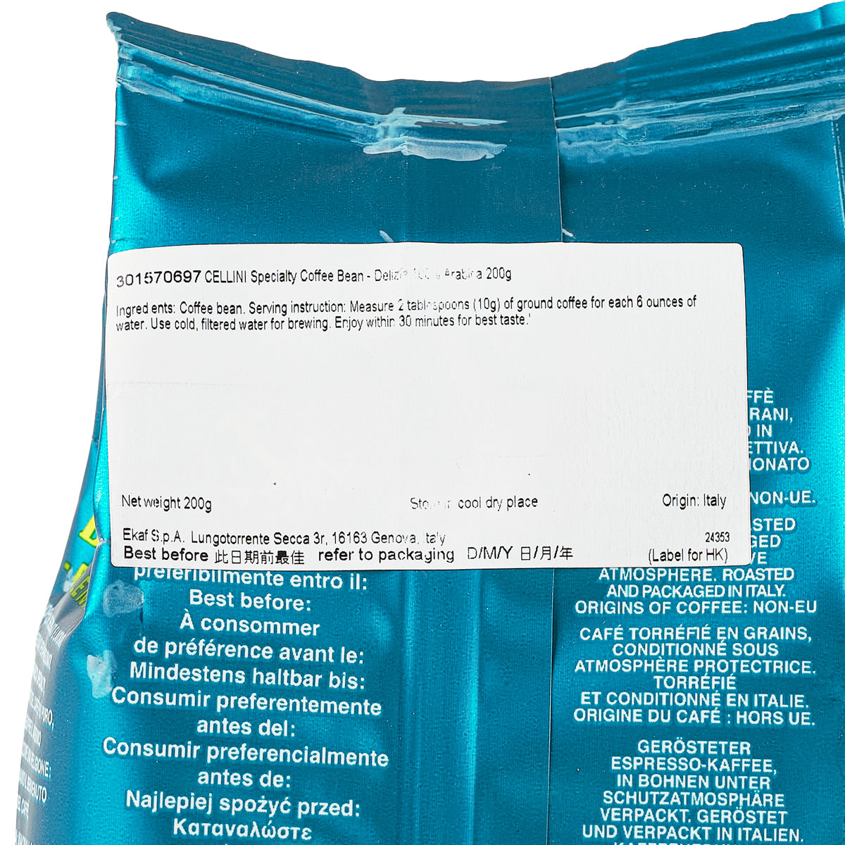 CELLINI Delizia coffee bag back panel with brewing instructions and net weight 200g