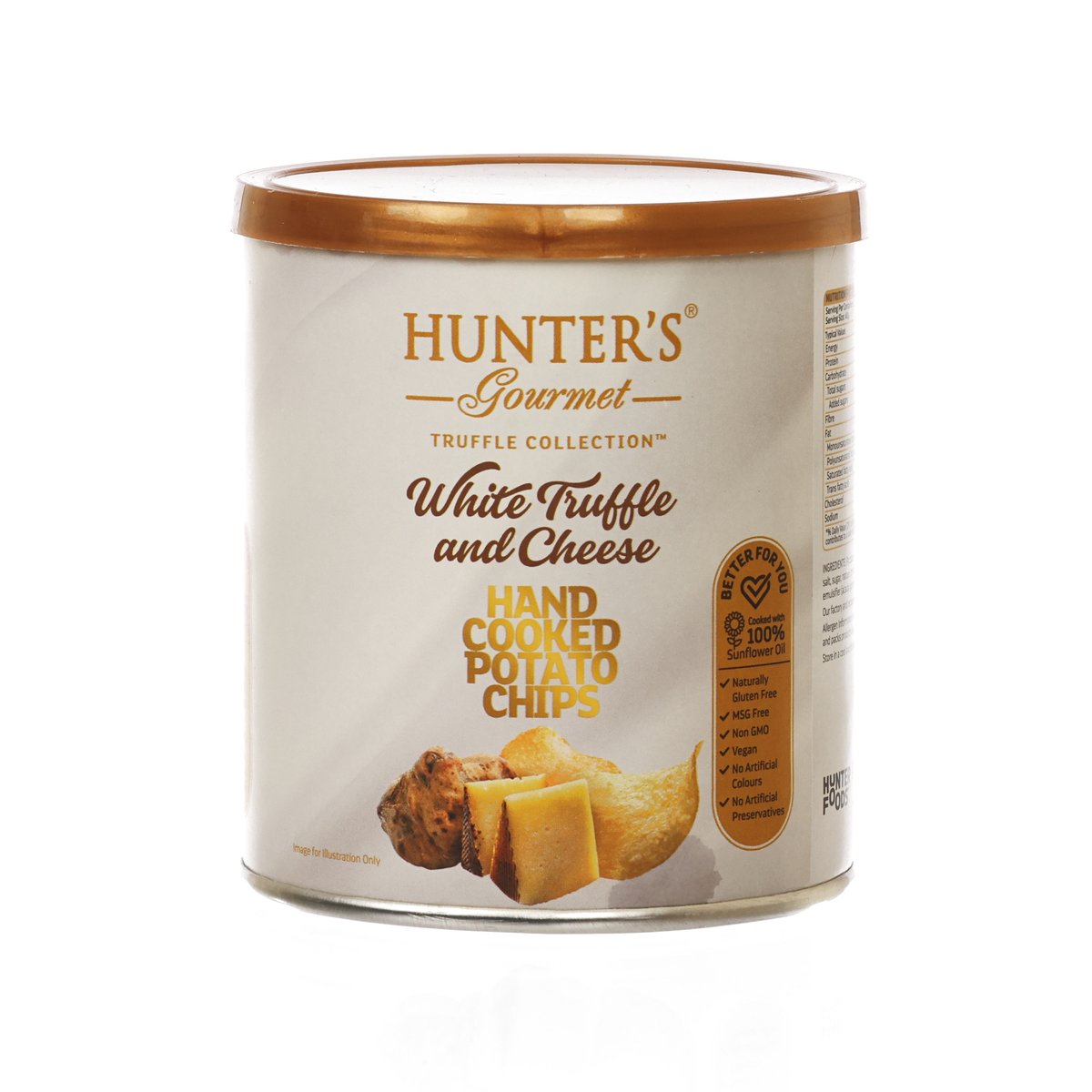 Hand-cooked potato chips can, White Truffle & Cheese flavor, gold-lidded