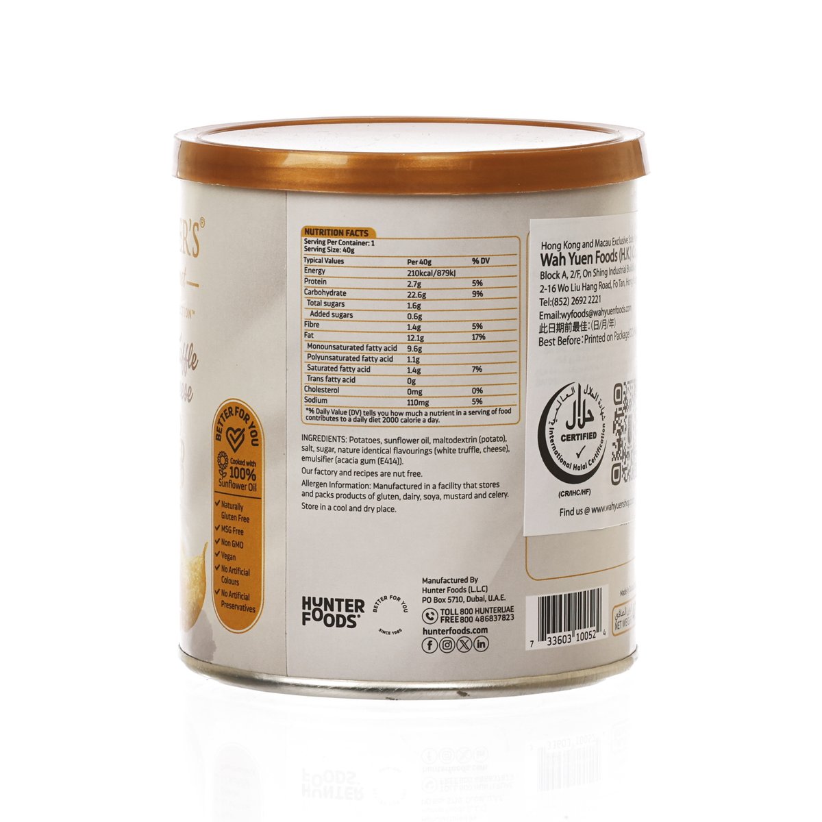 White Truffle & Cheese potato chips can, back label with nutrition and ingredients