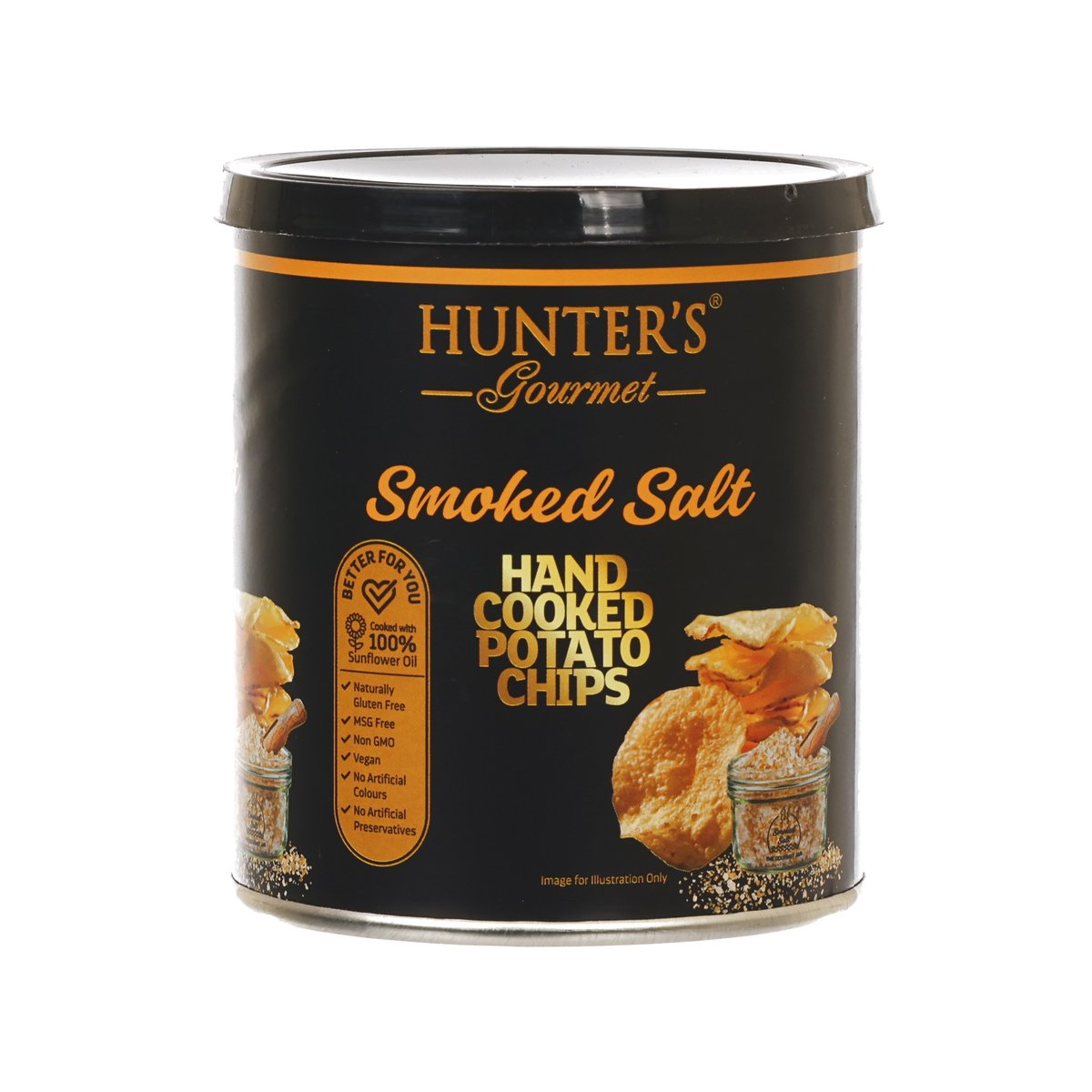 Hand-cooked potato chips container, smoked salt flavor, black with orange label