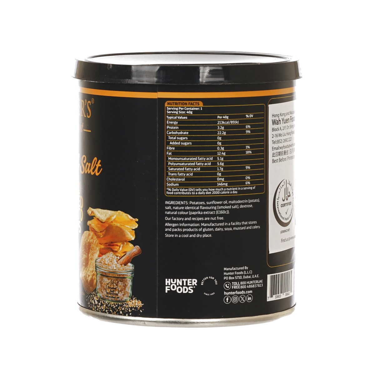 Hand-cooked potato chips container back panel with nutrition facts and ingredients
