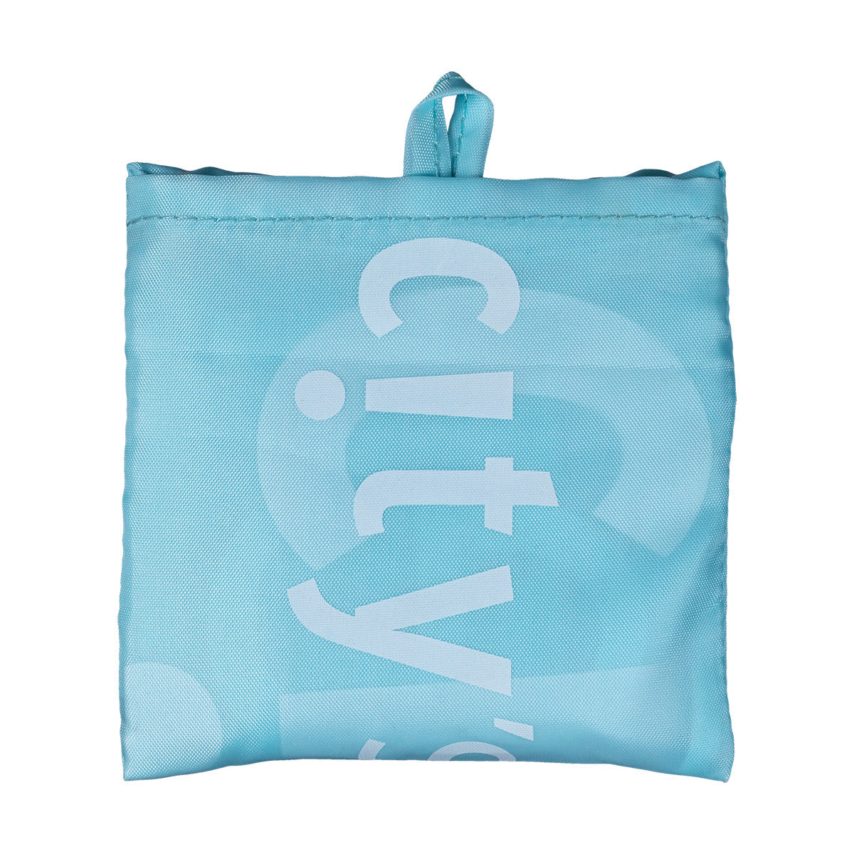 Small pocketable tote bag, baby blue, folded with top carry loop and CITYSUPER logo